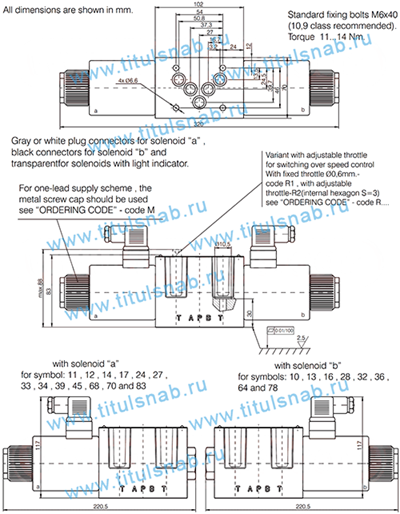 Размеры гидрораспределителей RH10001-024(110,220), RH10011-024(110,220), RH10021-024(110,220), RH10041-024(110,220), RH10051-024(110,220), RH10101-024(110,220), RH10111-024(110,220), RH10121-024(110,220), RH10131-024(110,220), RH10331-024(110,220)