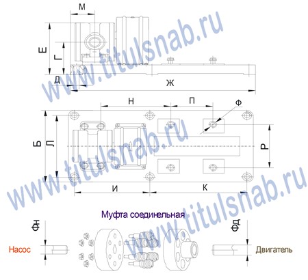 Габаритные и присоединительные размеры  насосов ДБГ11-22, ДБГ11-22А, ДБГ11-23, ДБГ11-23А, ДБГ11-24, ДБГ11-24А, ДБГ11-25, ДБГ11-25А