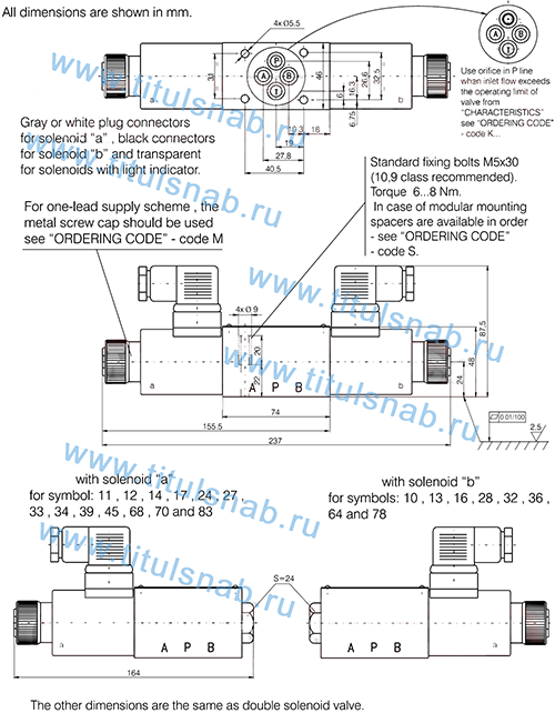 Размеры гидрораспределителей RH06001-024(110,220), RH06011-024(110,220), RH06021-024(110,220), RH06041-024(110,220), RH06051-024(110,220), RH06101-024(110,220), RH06111-024(110,220), RH06121-024(110,220), RH06131-024(110,220), RH06331-024(110,220)