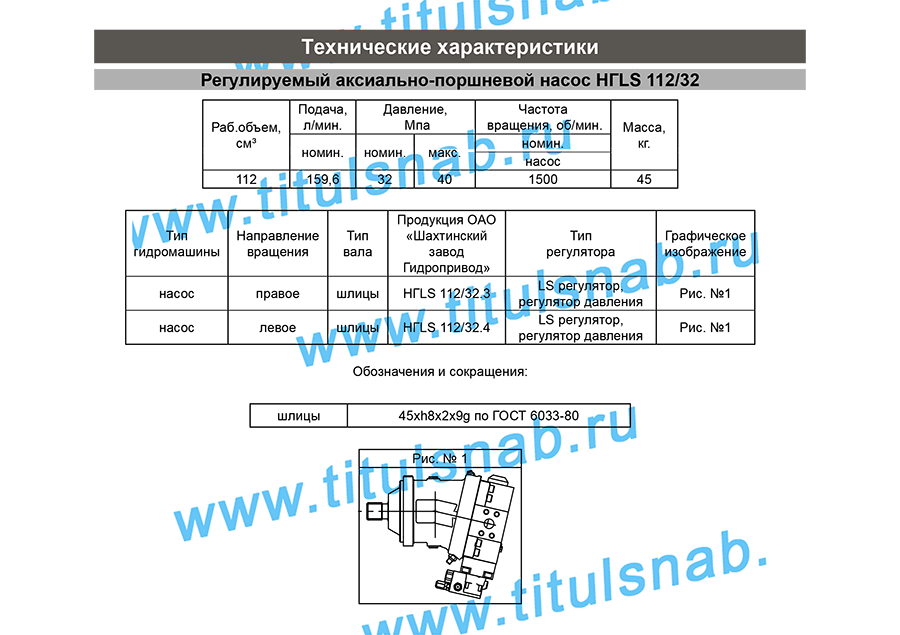 Таблицы с техническими характеристиками, габаритные и присоединительные  ​размеры НГLS 112/32